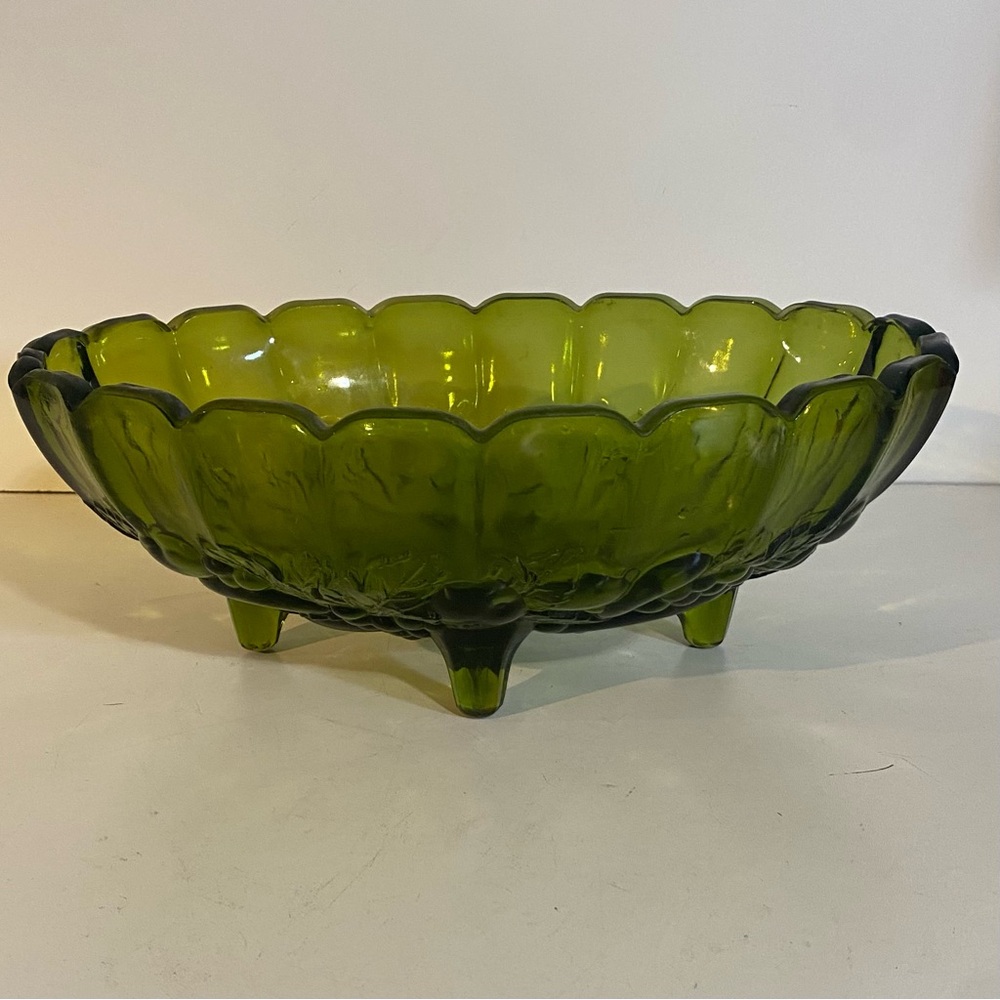 Vintage Indiana Glass Avocado Green Oval Footed Fruit Bowl Harvest Fruit Pattern